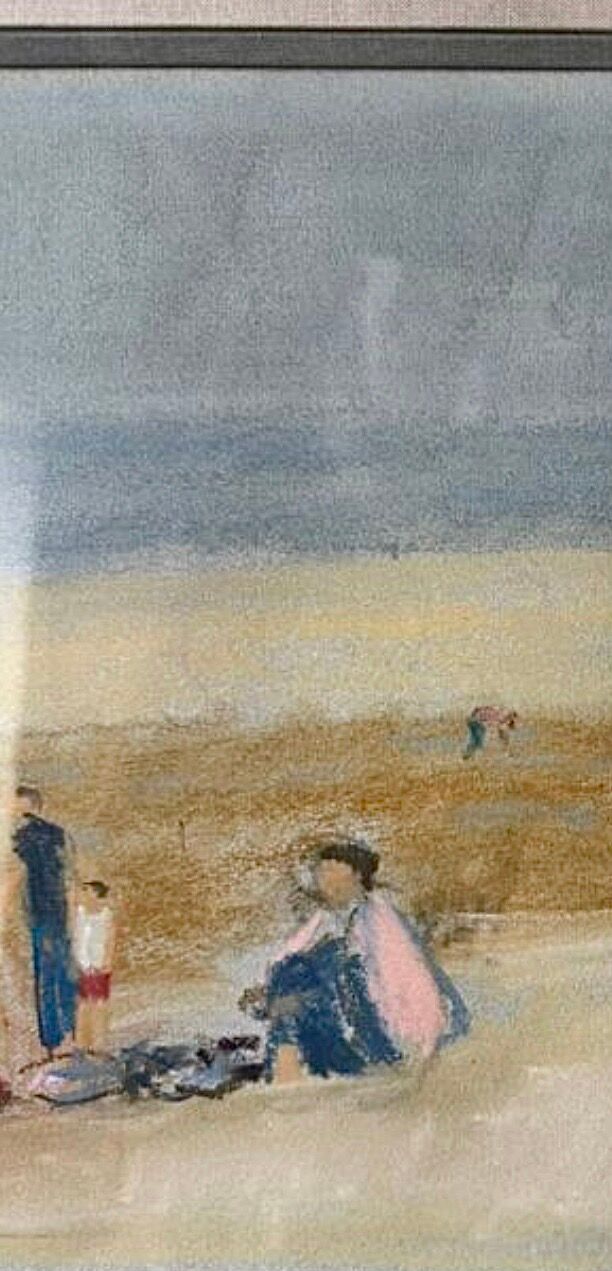 Pastel painting, family beach scene in Normandy signed Henri Reiter.