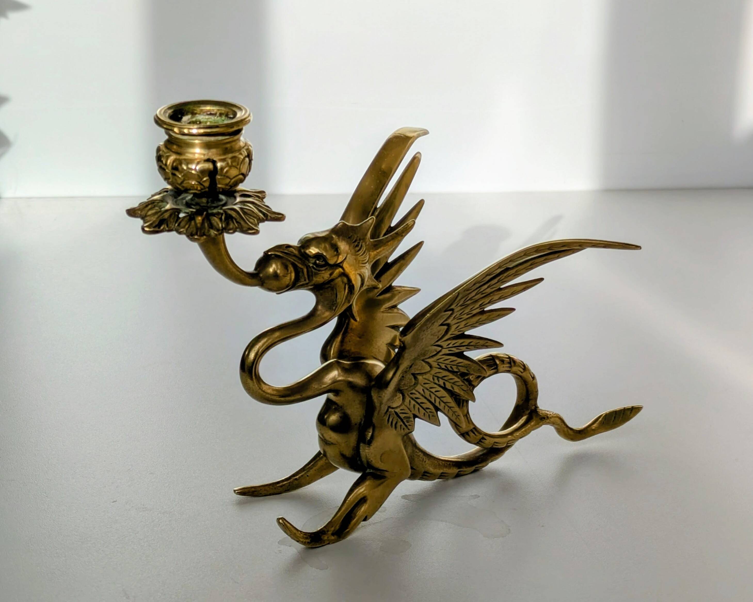 Large Brass Candlestick - Mythological Winged Griffin Dragon - Gothic