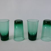 Set of a carafe and 4 designer glasses in green glass from the 70s