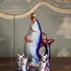 Set of 7 glasses and a glass carafe decorated with blue fish, Mid-Century Modern style, Europe, 1960s.