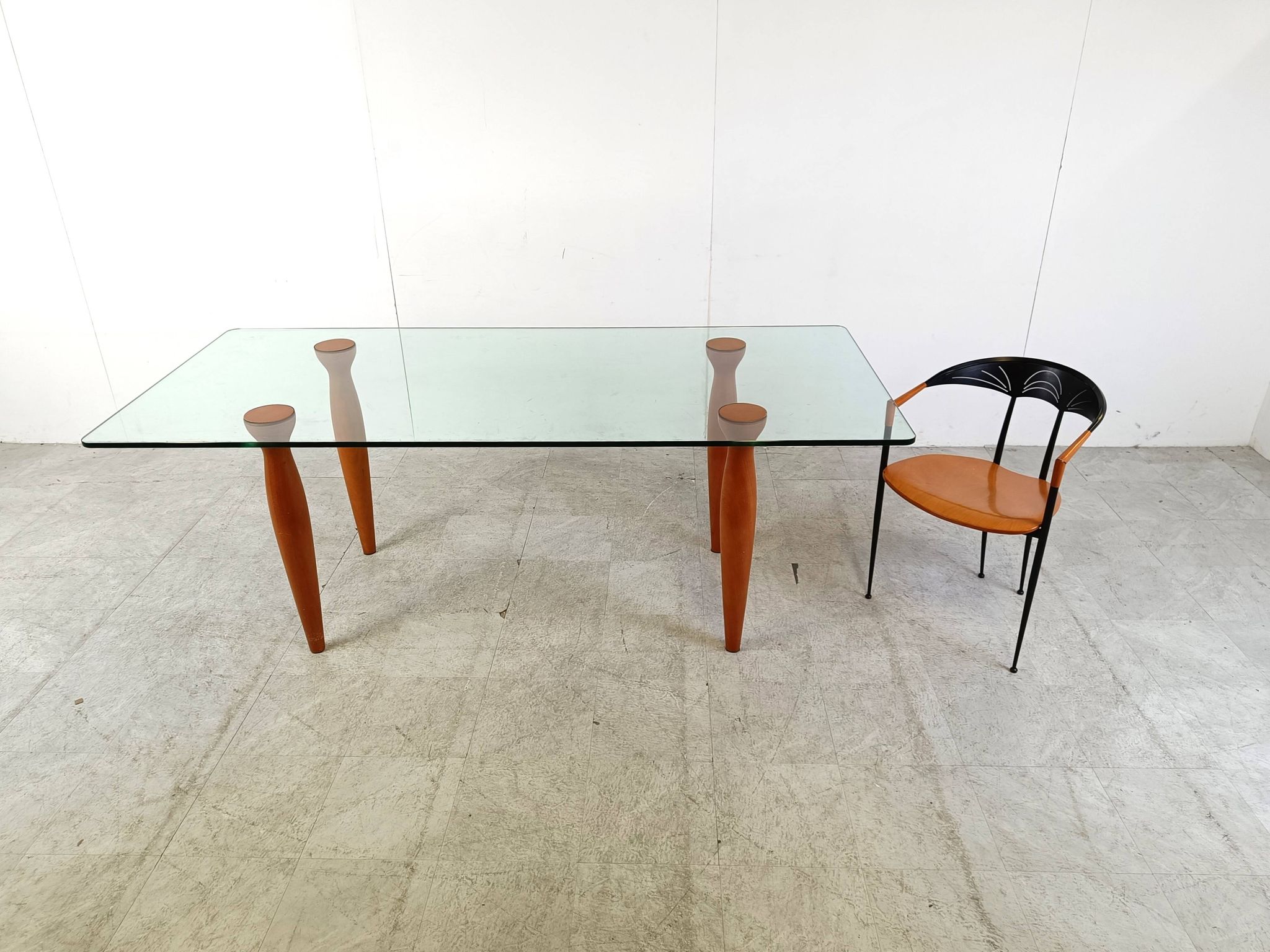 Vintage italian glass and wooden dining table, 1990s