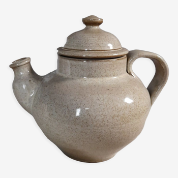 Glazed stoneware teapot, signature underneath, sand and brown tones, vintage 1960