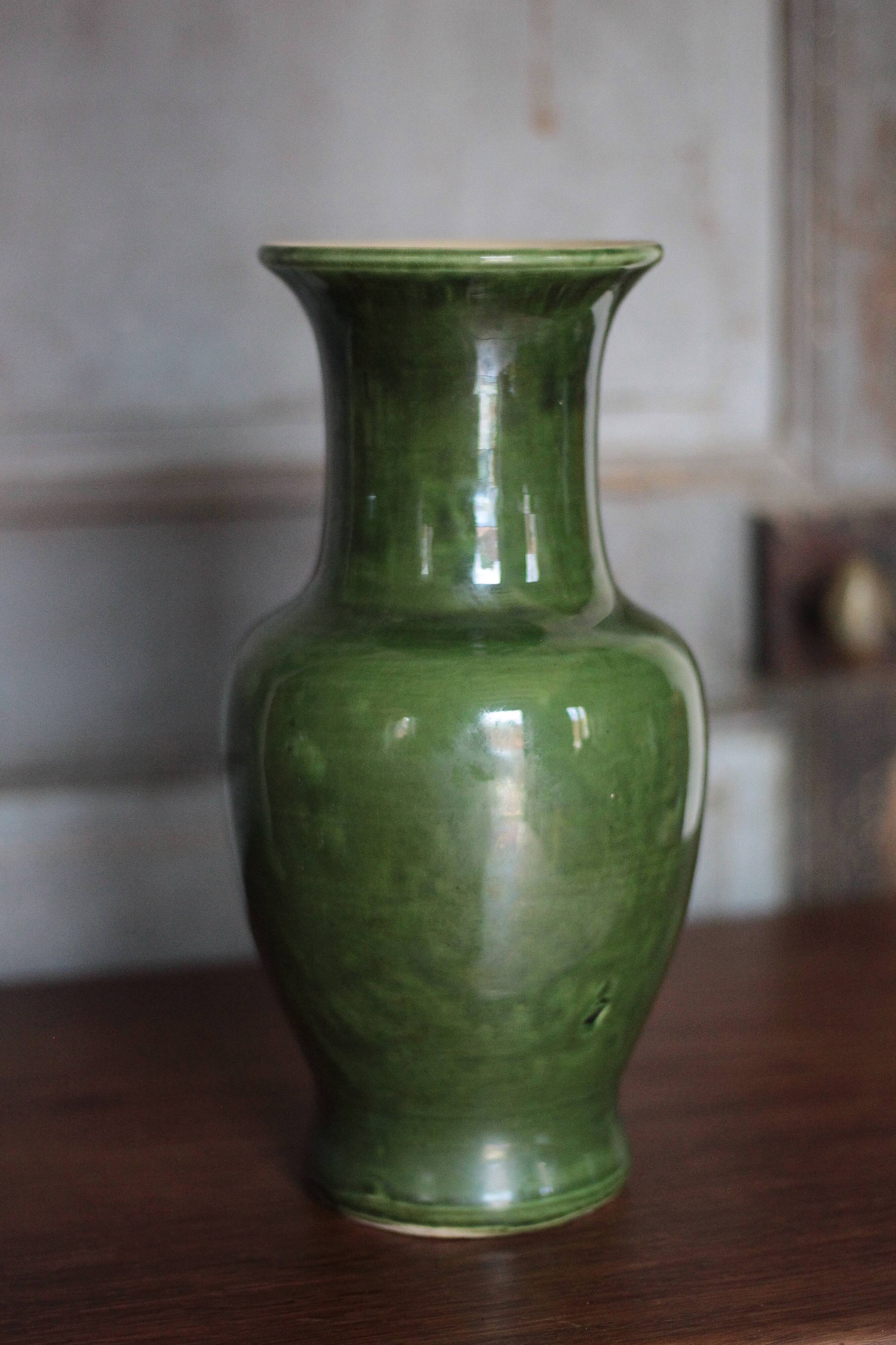 Green glazed ceramic vase, vintage baluster vase, flower pot
