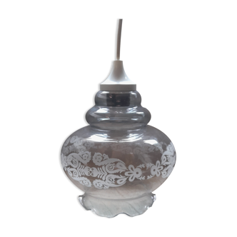 Globe/tulip pendant lamp in light blue transparent glass & arabesques, 60/70's