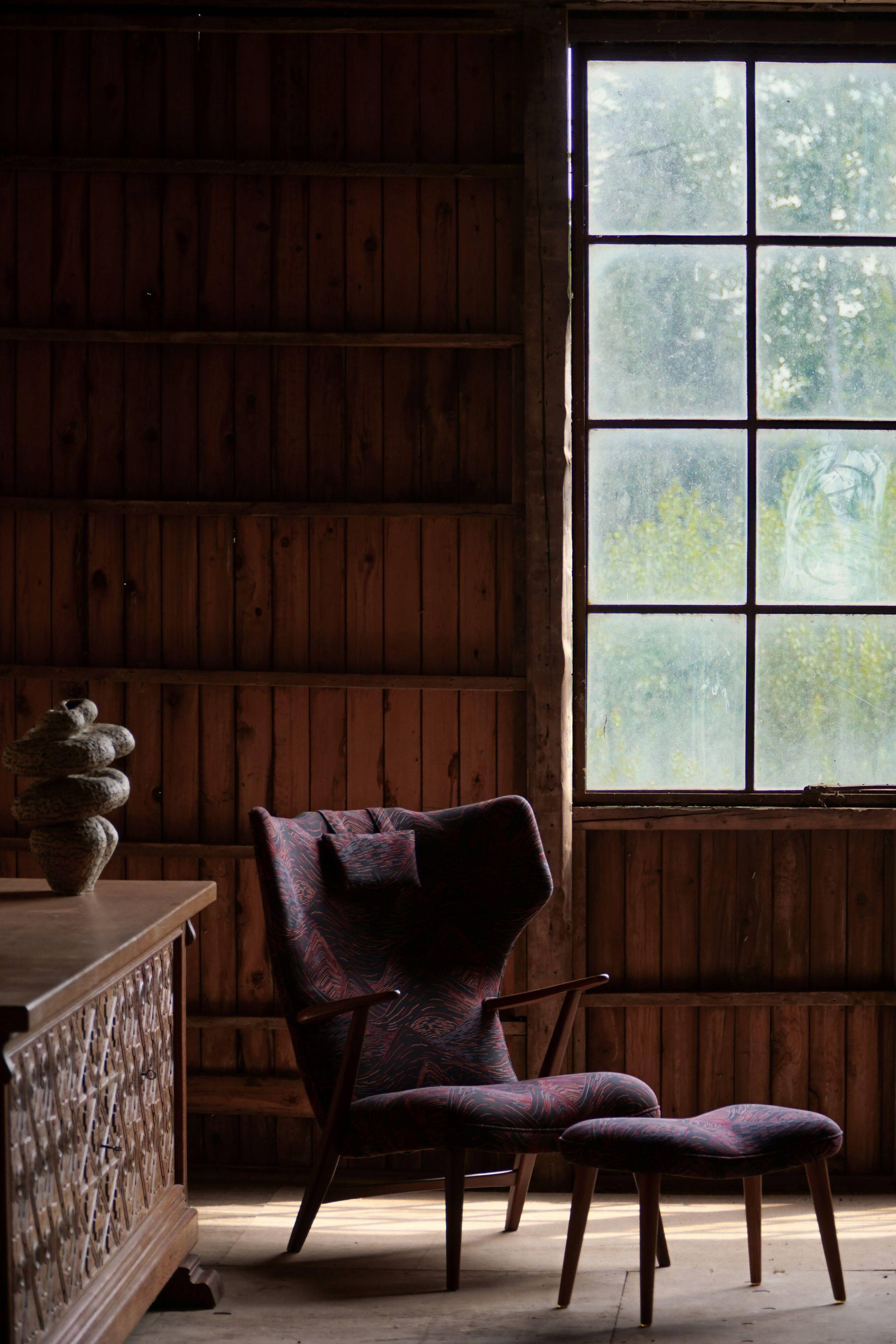 Madsen & Schubell, accent chair and stool in teak, reupholstered, 1950s