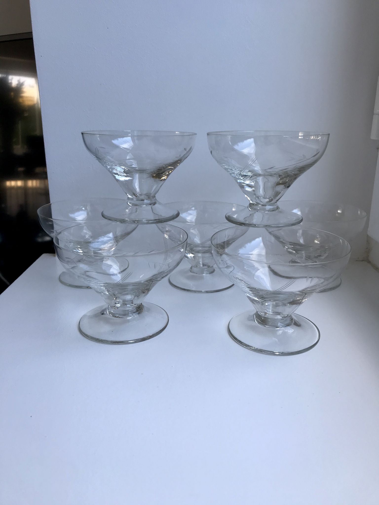 Set of 7 crystal champagne glasses engraved, 50-60s