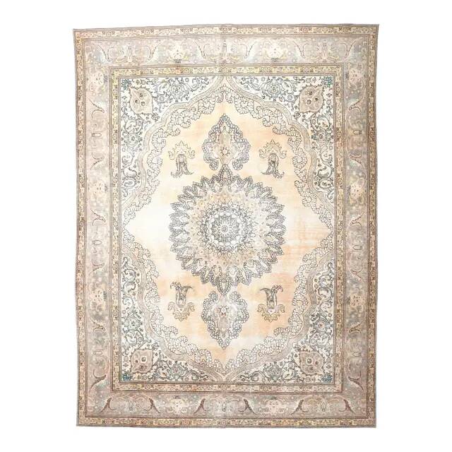 1960s Vintage Persian Handmade Wool Cotton Beige Area Rug 290x385