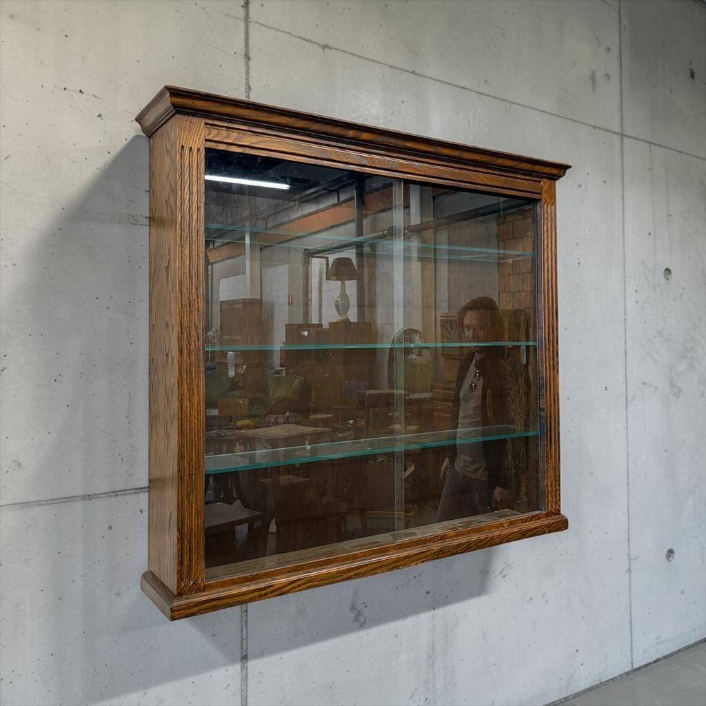 Vintage shallow wall display cabinet in wood / shelf