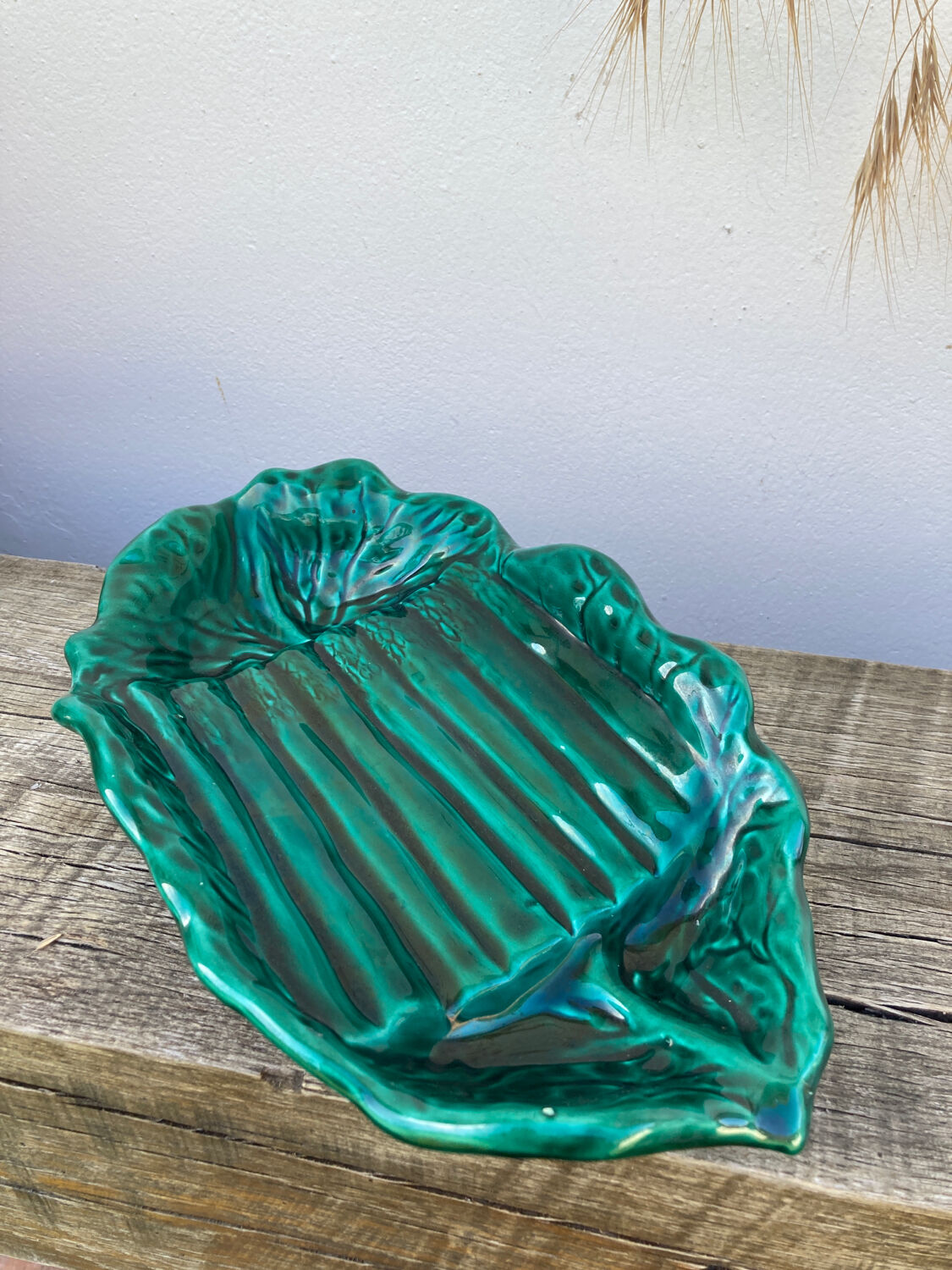 Vallauris dish in vintage asparagus green ceramic slip