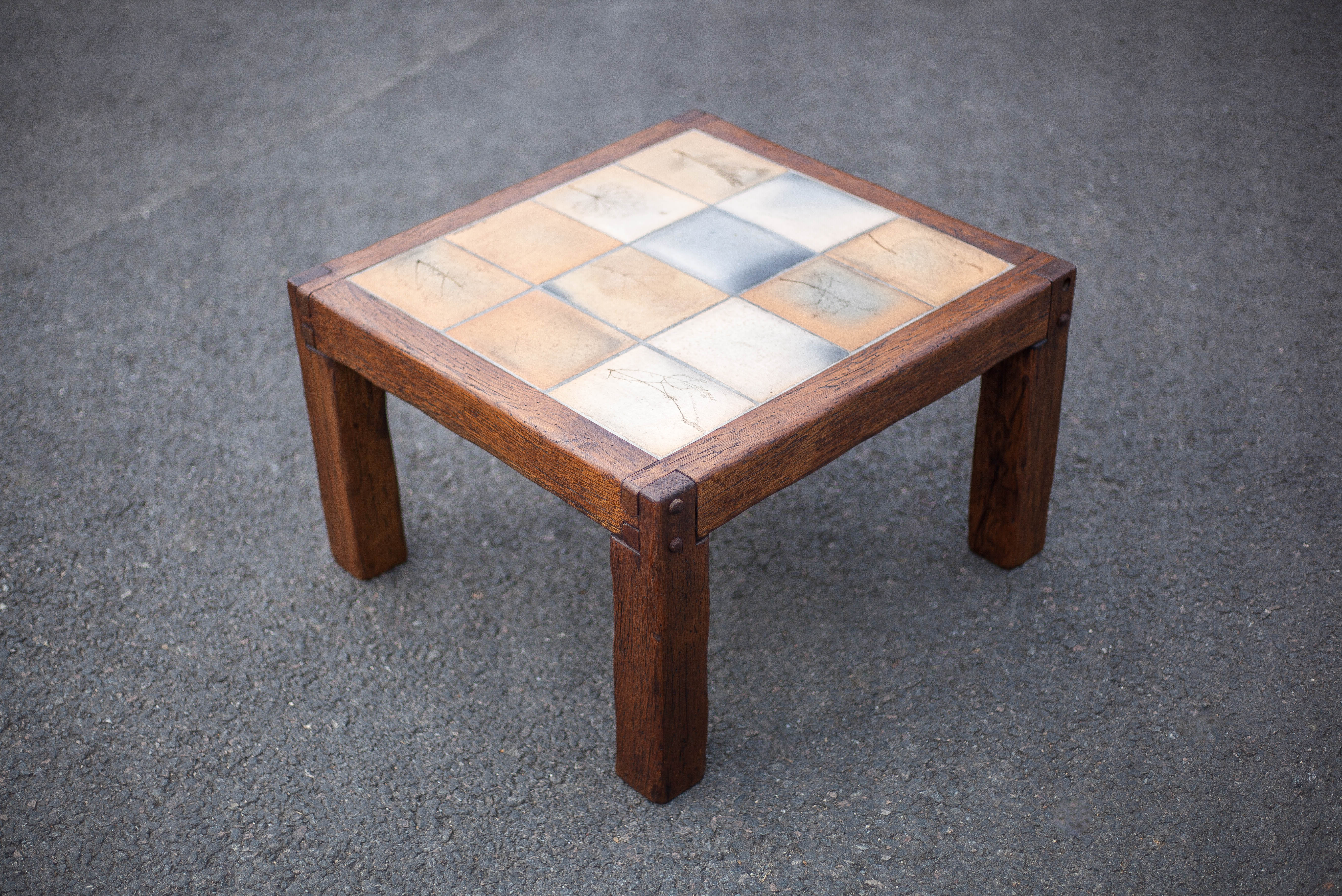 small ceramic coffee table herbarium feet wood, table signed R.capron