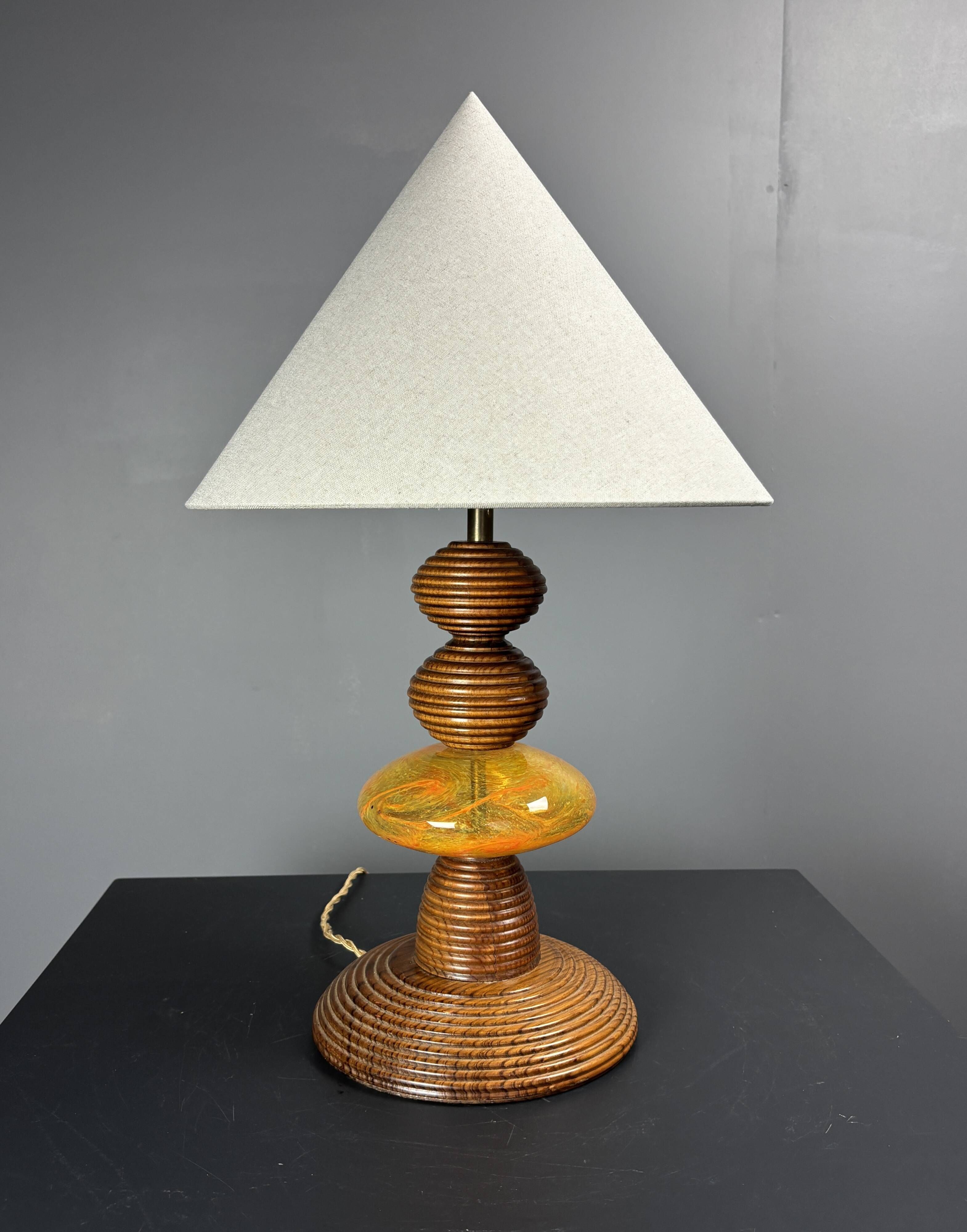Midcentury wood turned adjustable table lamp with glass sphere, 1970s