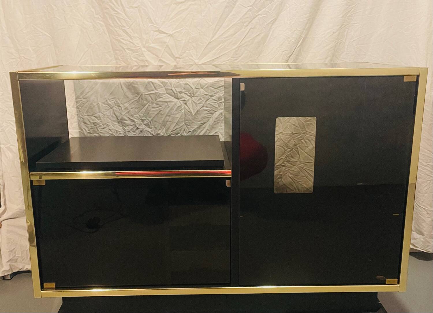 Sideboard, black lacquered and brass Hi-fi unit by Roche Bobois, circa 1970