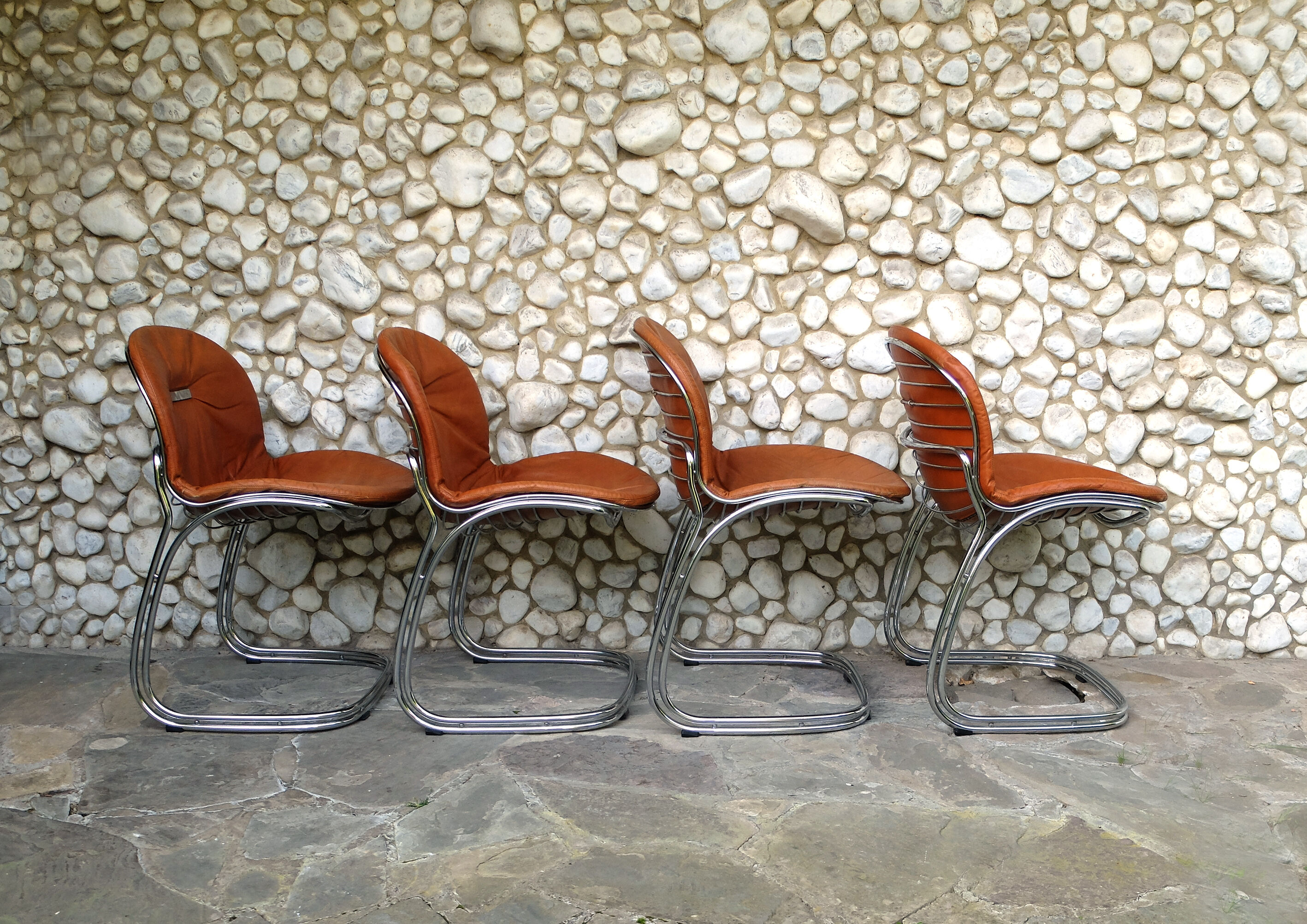 Seérie of 4 chairs Sabrina design Gastone Rinaldi for Rima, tawny leather, 1970