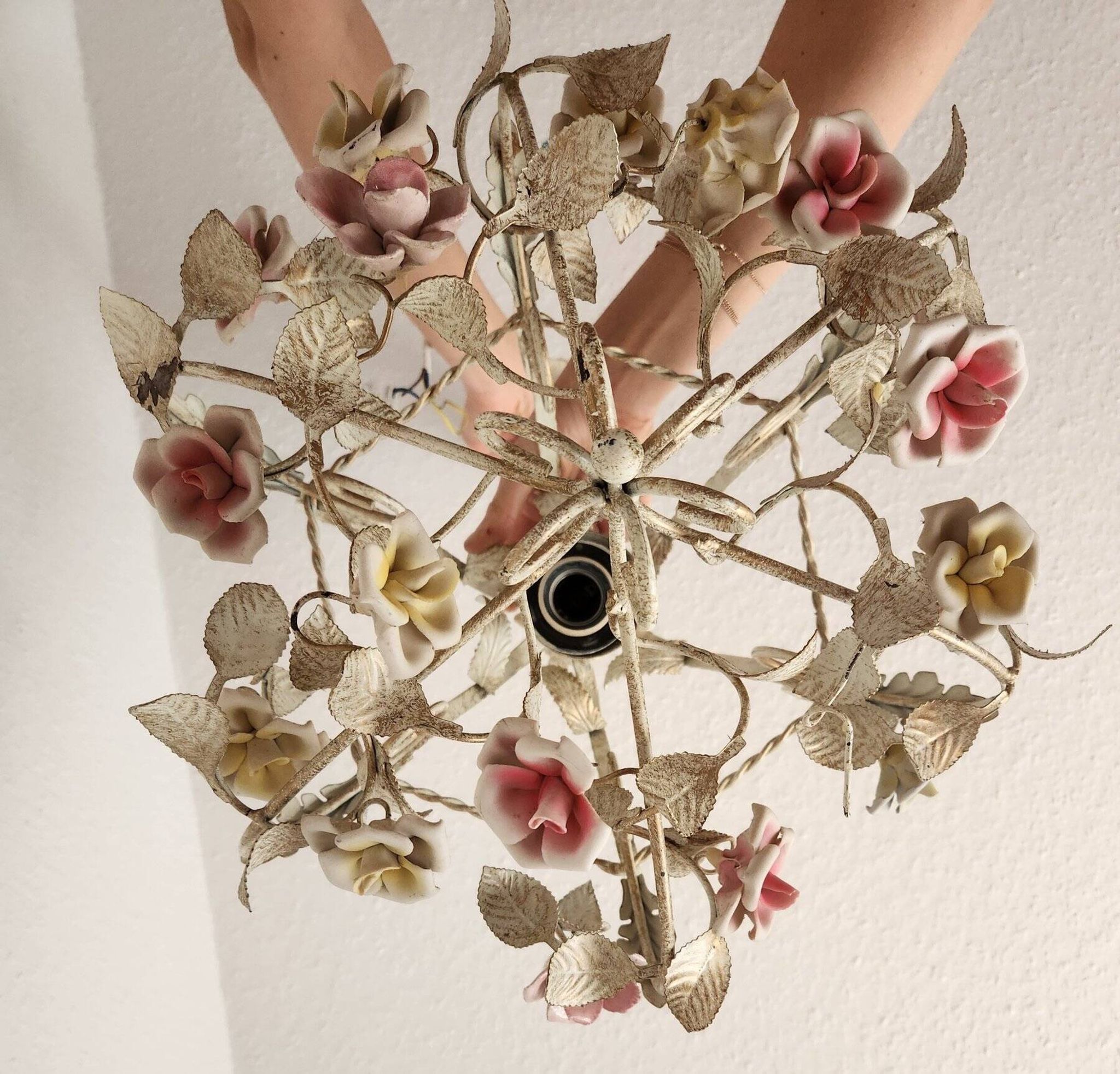 Hand-forged vintage pendant lamp with porcelain roses, Denz Neheim Hüsten