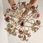 Hand-forged vintage pendant lamp with porcelain roses, Denz Neheim Hüsten
