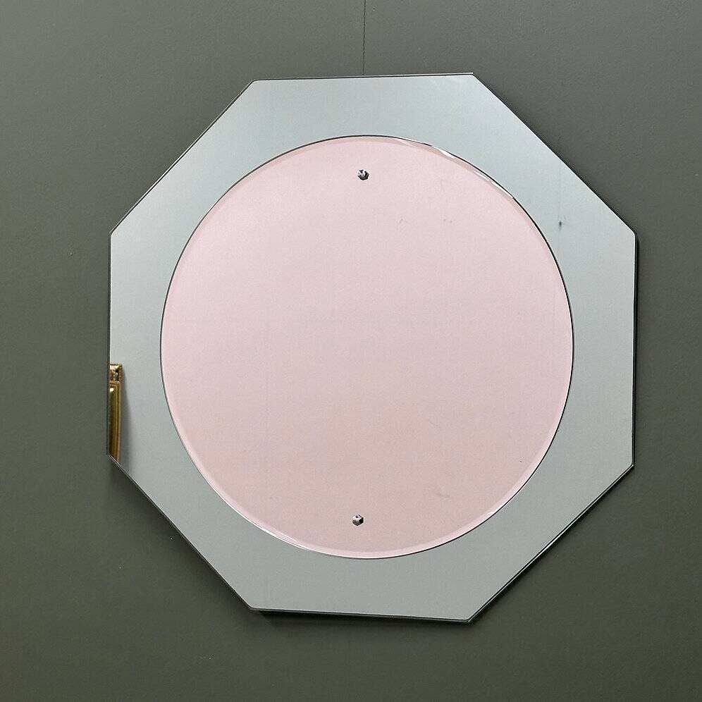 Miroir en verre aqua octogonal italien, miroir central rose doux, années 1970.