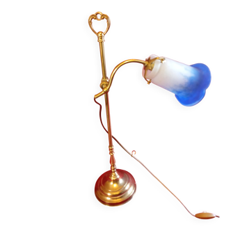 Brass floor lamp with tulip-shaped glass paste shade