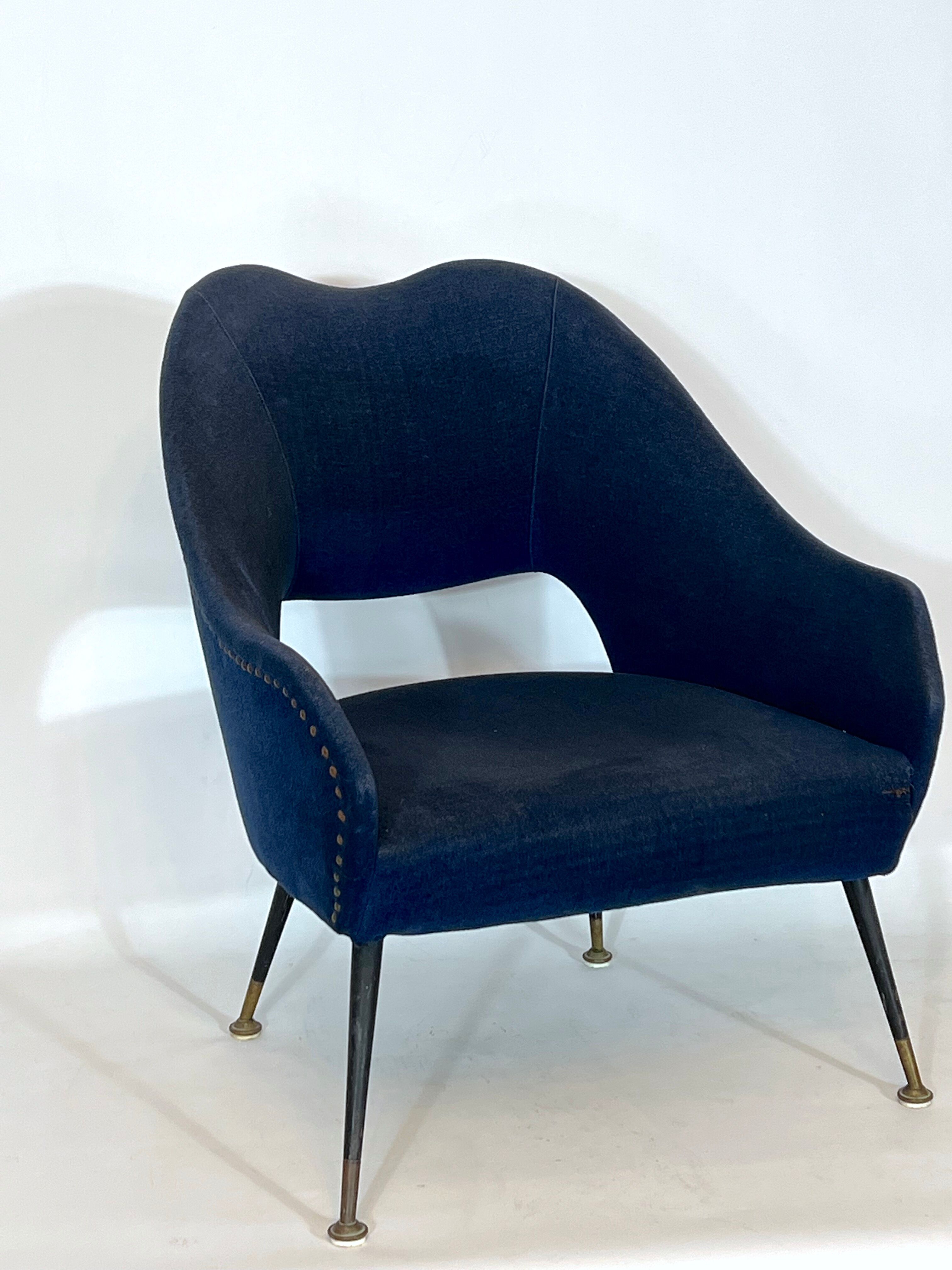 Vintage Italian blue fabric and brass armchair from 50s