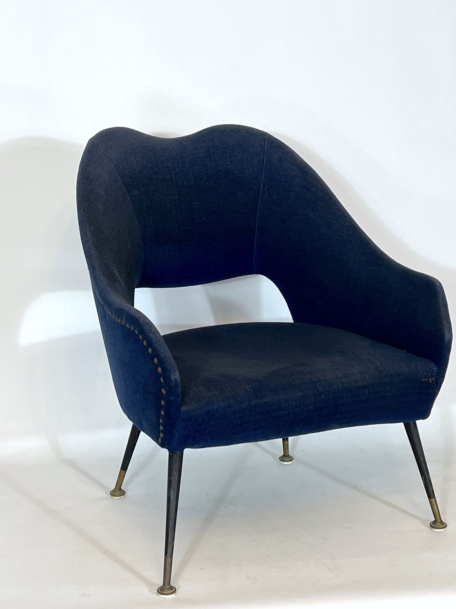 Vintage Italian blue fabric and brass armchair from 50s