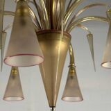 Venetian chandelier in beige/gray murano glass bordered with a red net
