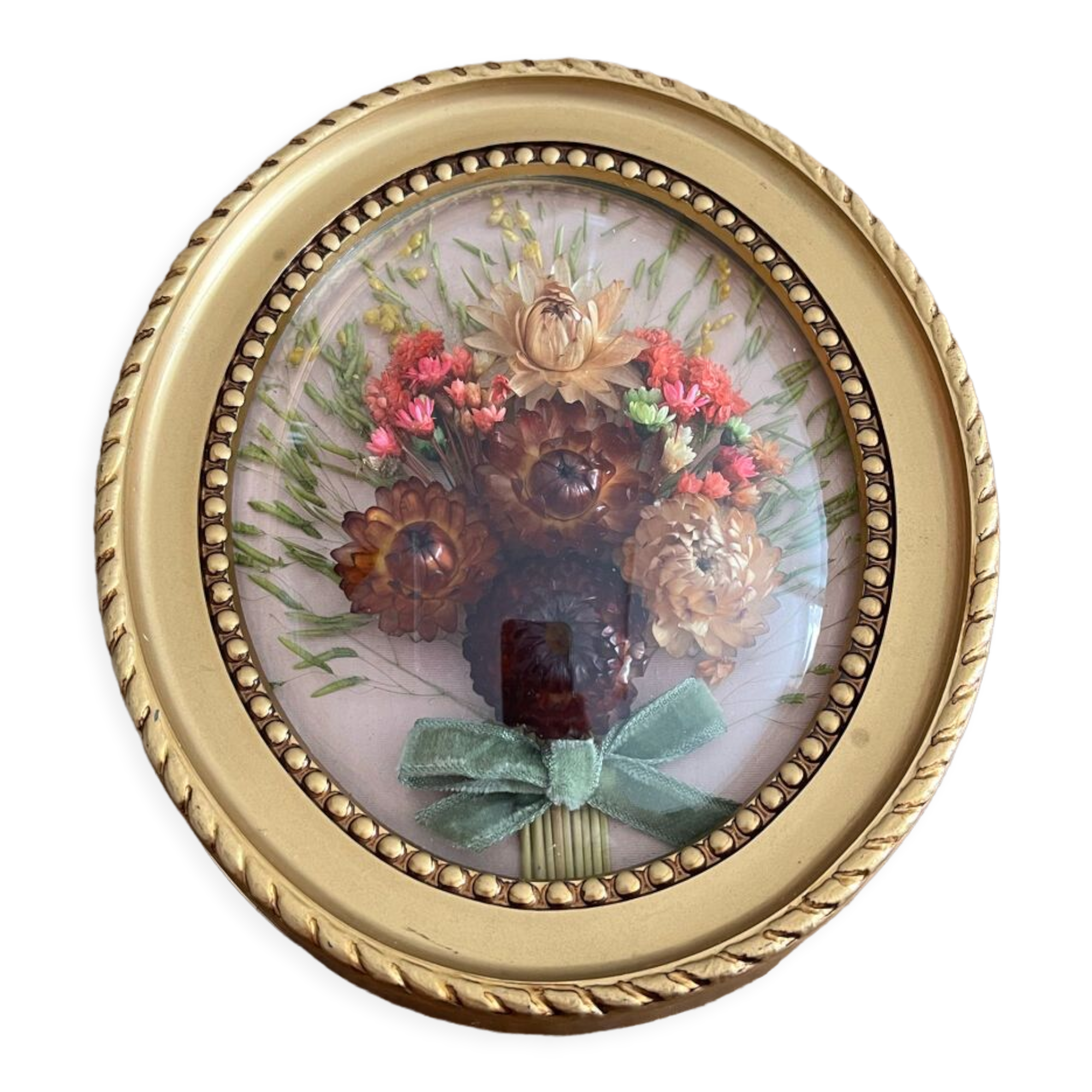Lot De 2 Cadres Anciens Style Années 70, Verre Bombé, Motif Fleurs - Très Bon état