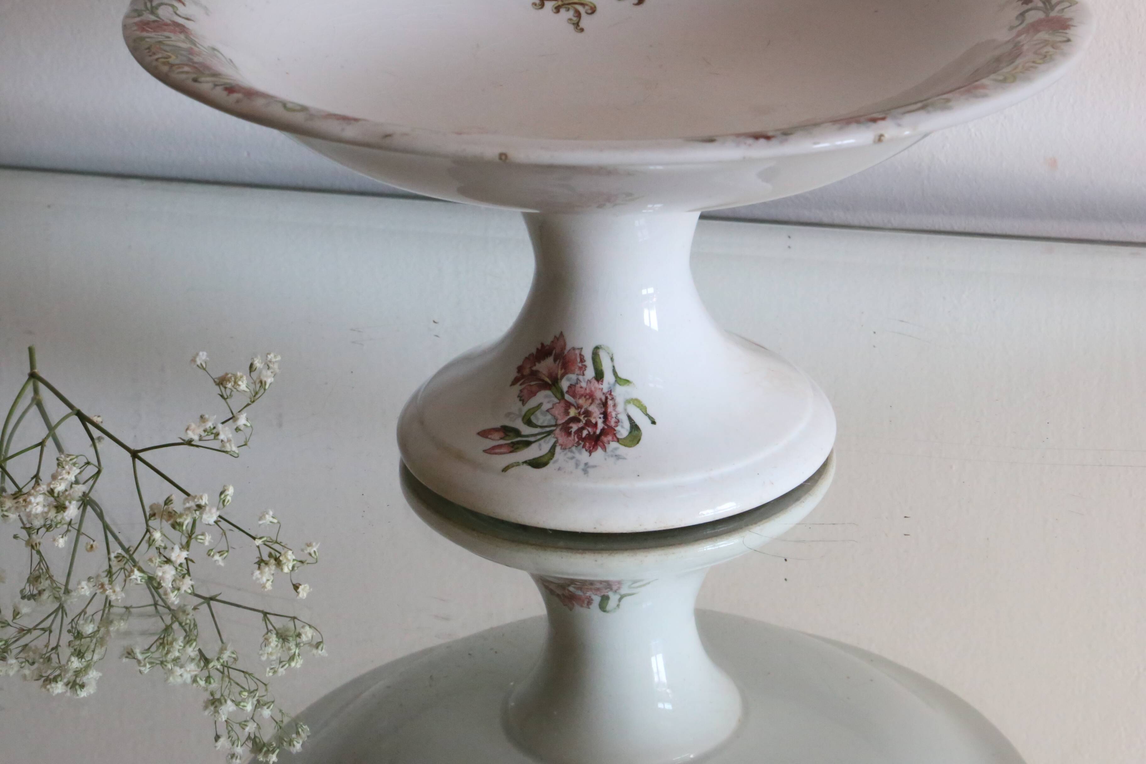 Antique dish, polychrome ironstone compote dish, “Guirlandes” model from the