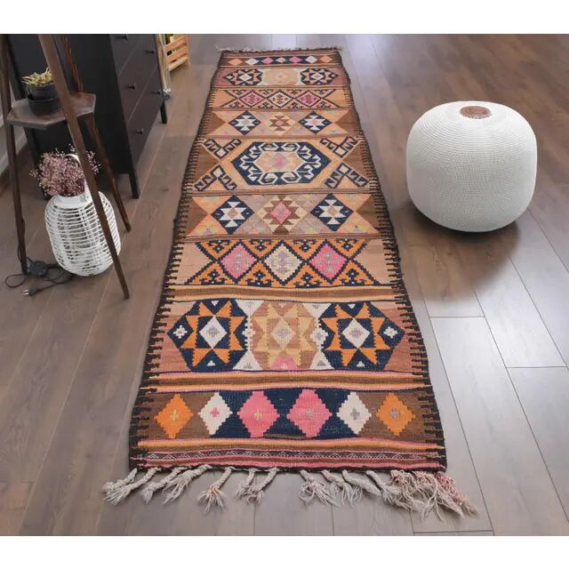 1970s Vintage Turkish Hand-Knotted Wool Cotton Brown Runner Rug 91x355