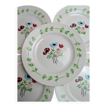 Lot de 6 assiettes plates en terre de fer Digoin Sarreguemines – Modèle Poupette – Vintage