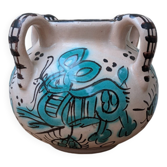 Old vase or pot with handles turquoise pattern Akteja