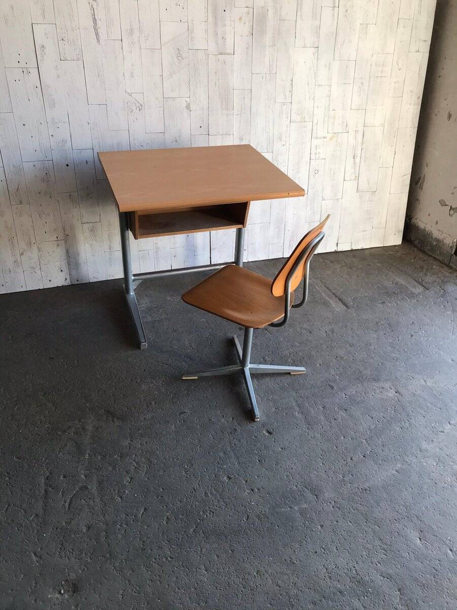 Embru 1960s desk and school chair set in brown wood and grey metal — set of 2