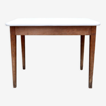 Table de ferme bois brut et plateau blanc