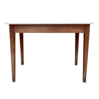 Table de ferme bois brut et plateau blanc