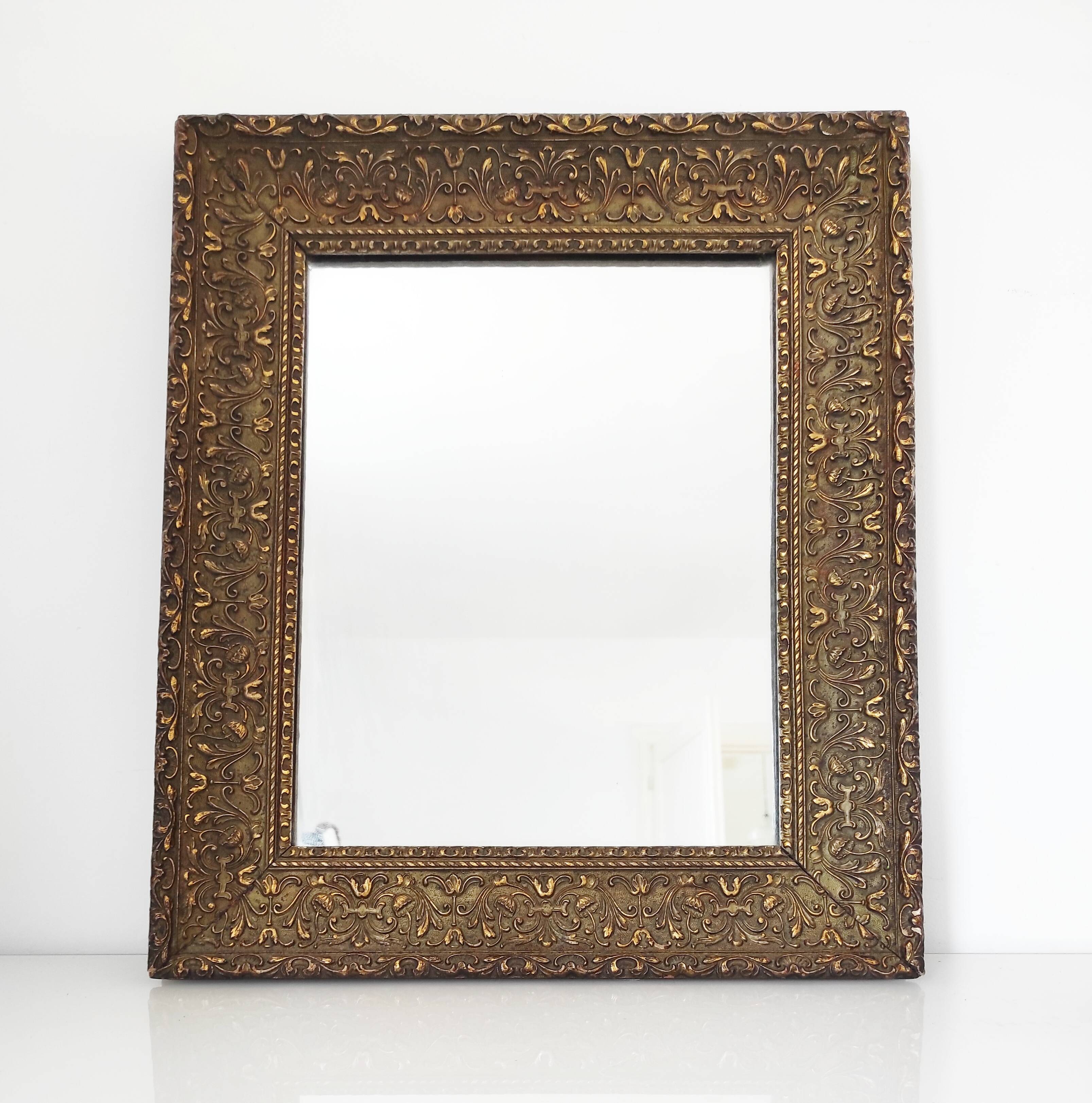 Wooden mirror, edge with embossed flowers 48 x 41 cm