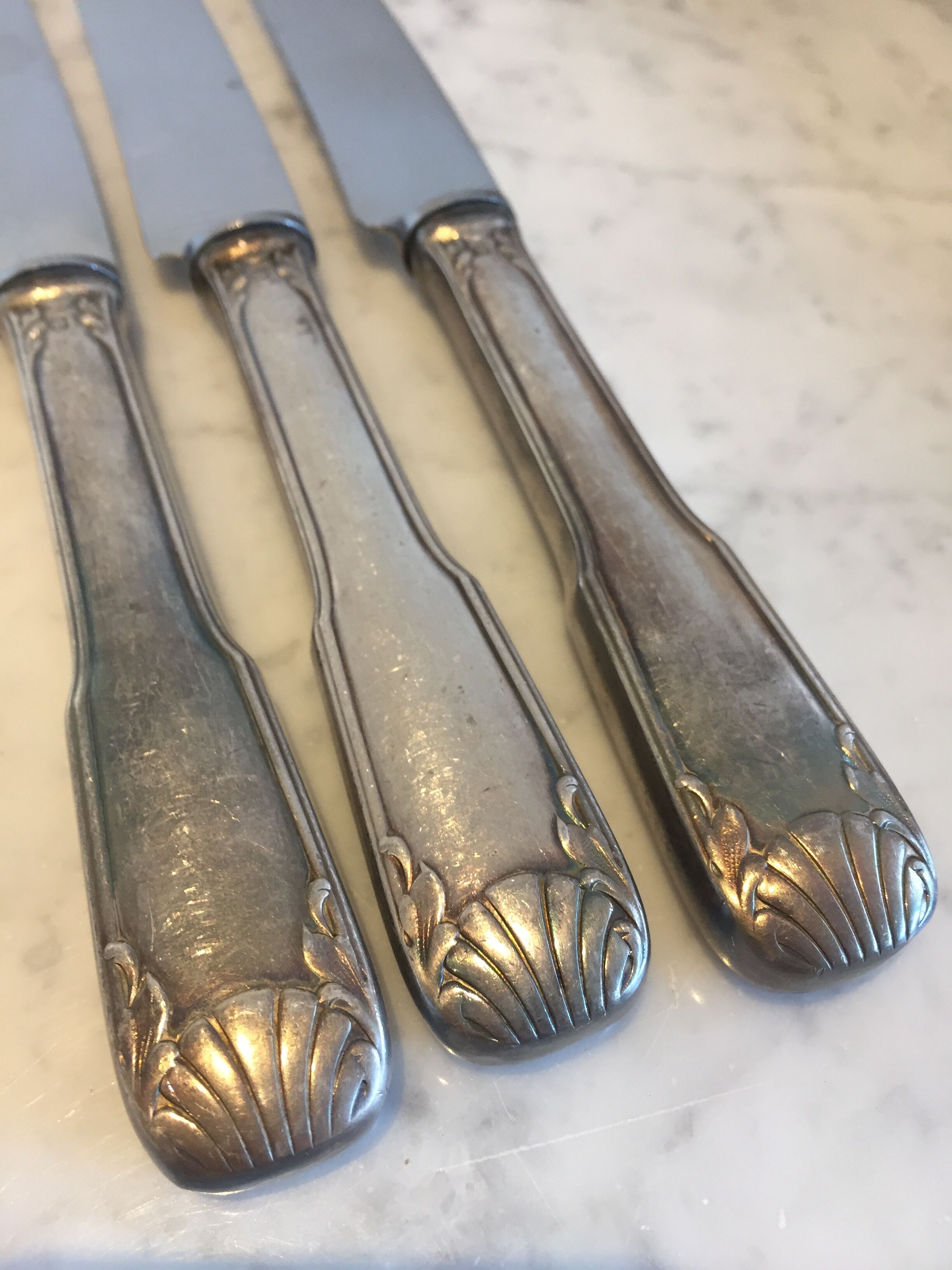 6 silver metal knives, 1960