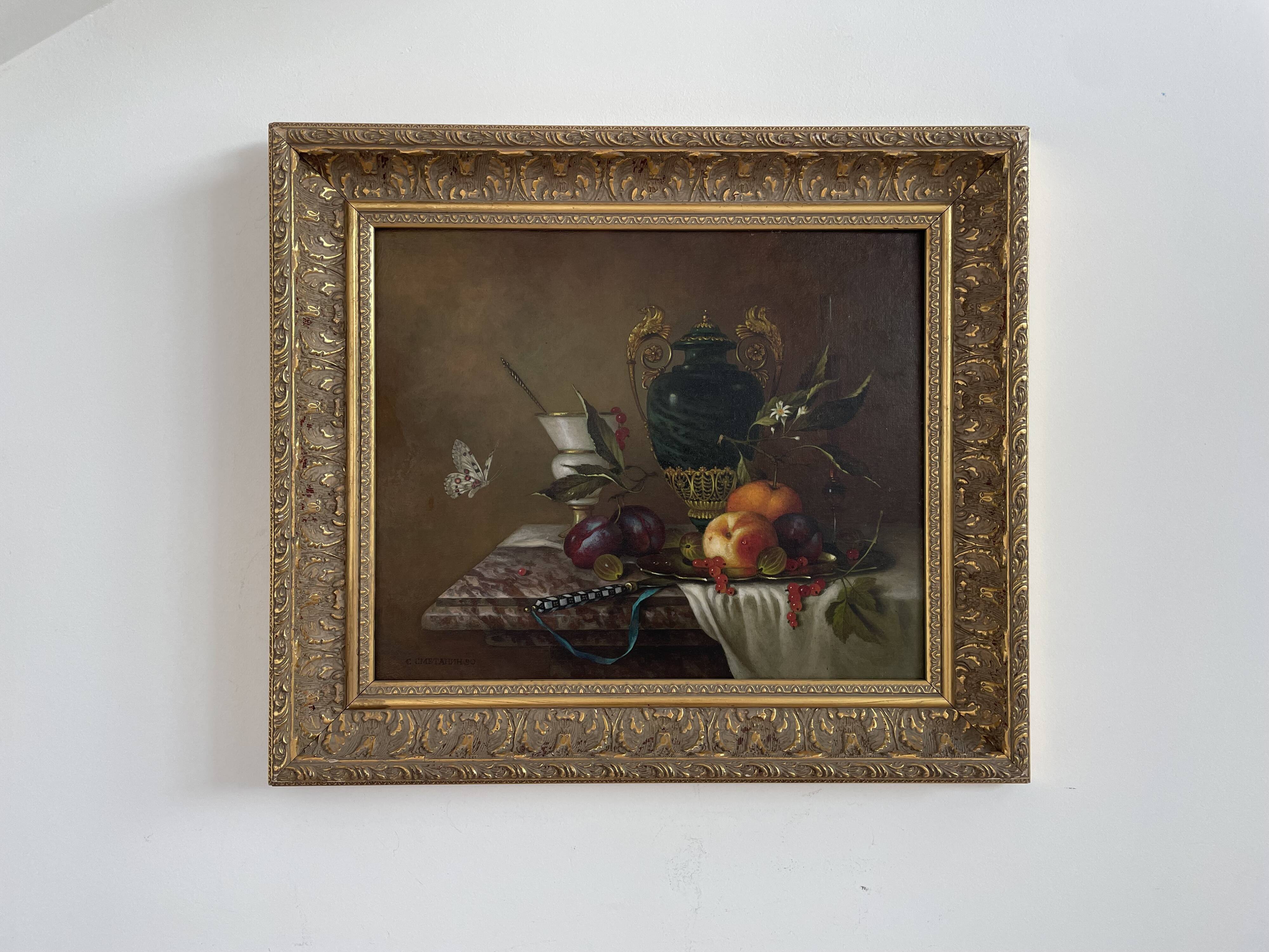 Oil painting, sergei smetanin, still life with marble vase, signed, gilded wood frame, russia