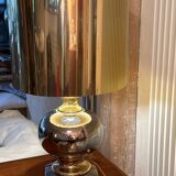 Beautiful ceramic base lamp with a golden metal shade.