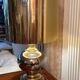 Beautiful ceramic base lamp with a golden metal shade.