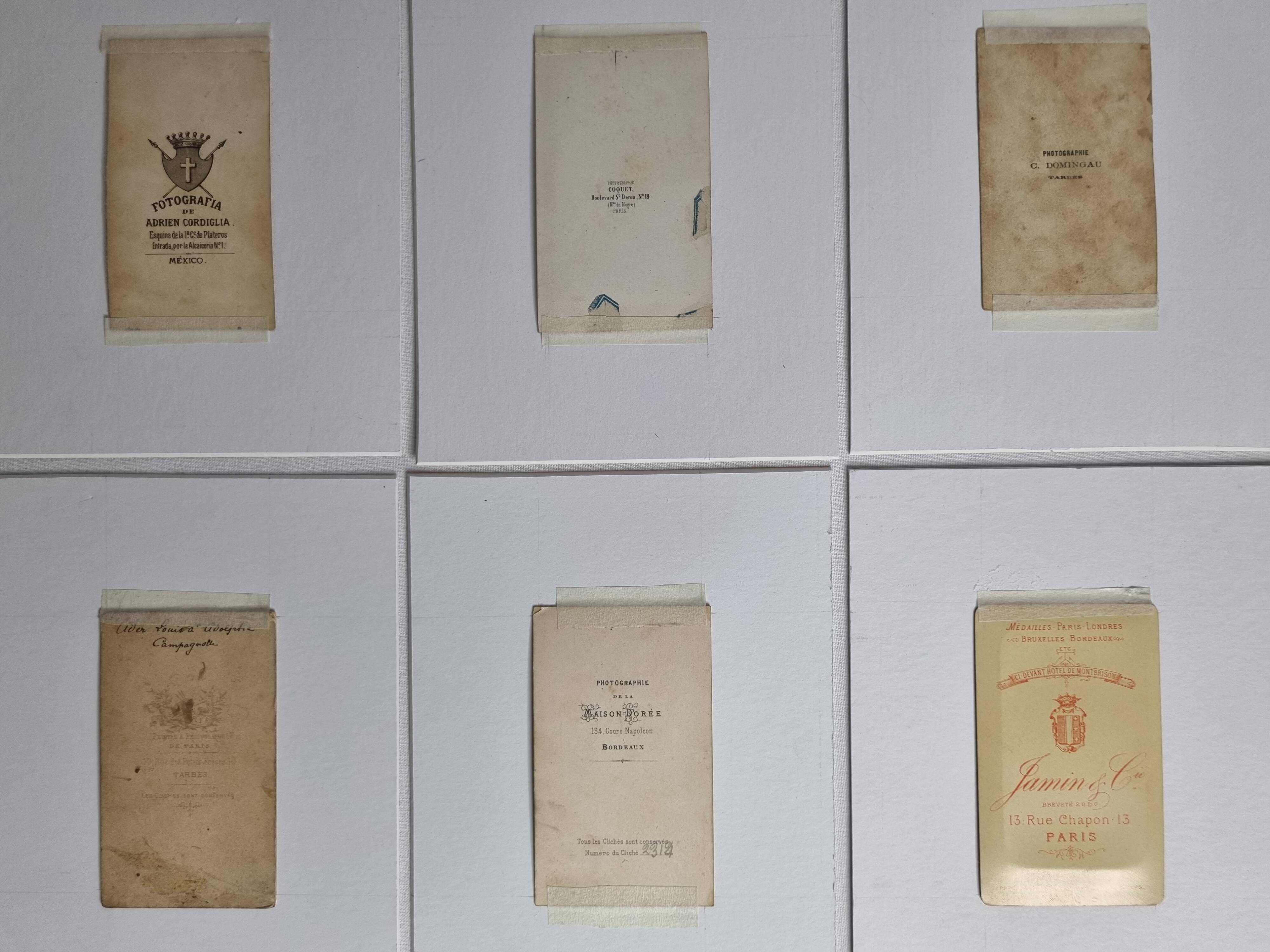 Set of 6 old photographs, 19th century studio portraits, men, women and children