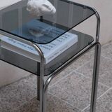 Vintage side table in smoked glass and chromed metal – 70s