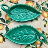 Duo of Vallauris raviers in the shape of green leaves signed Cérenne