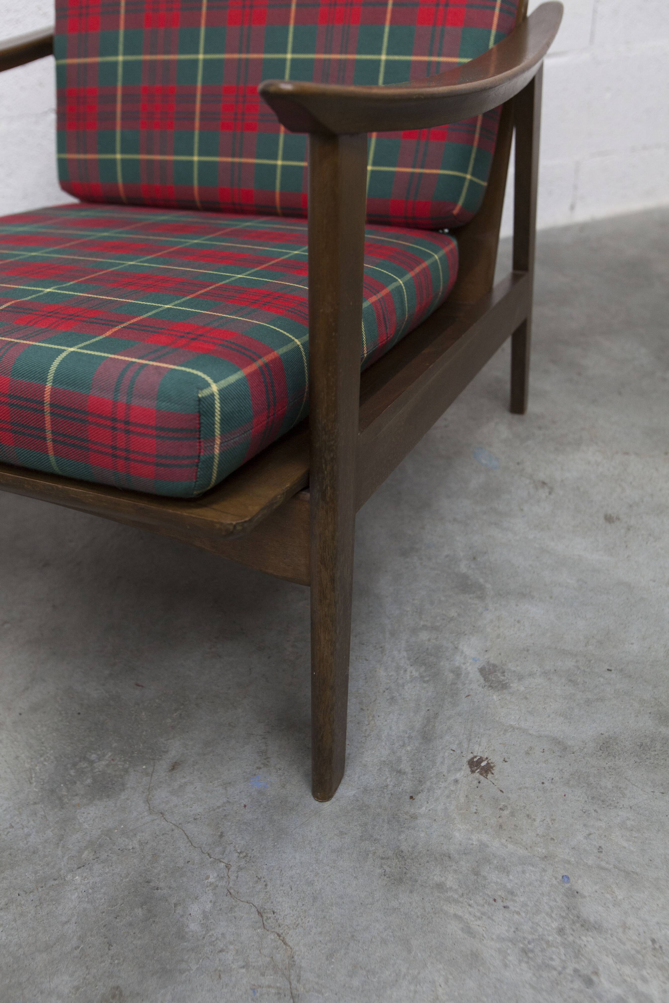 Scandinavian teak armchair, 1960s, demountable, with tartan fabric