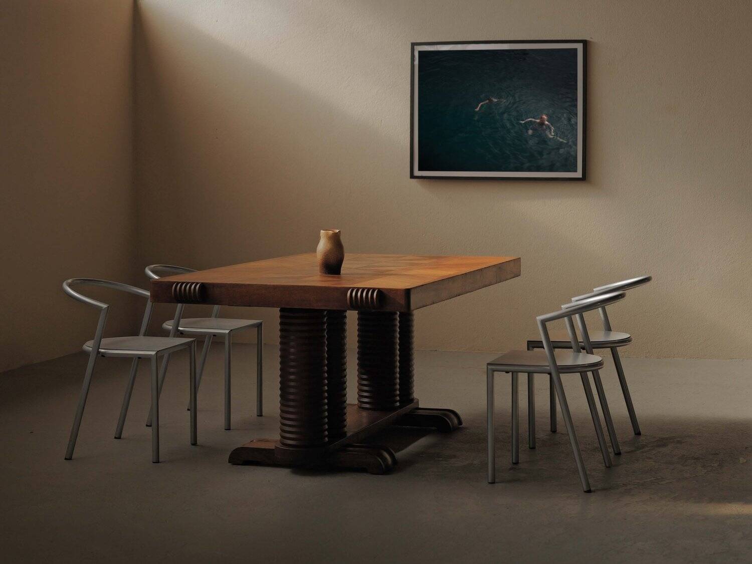 Solid oak table with marquetry, France, circa 1940.