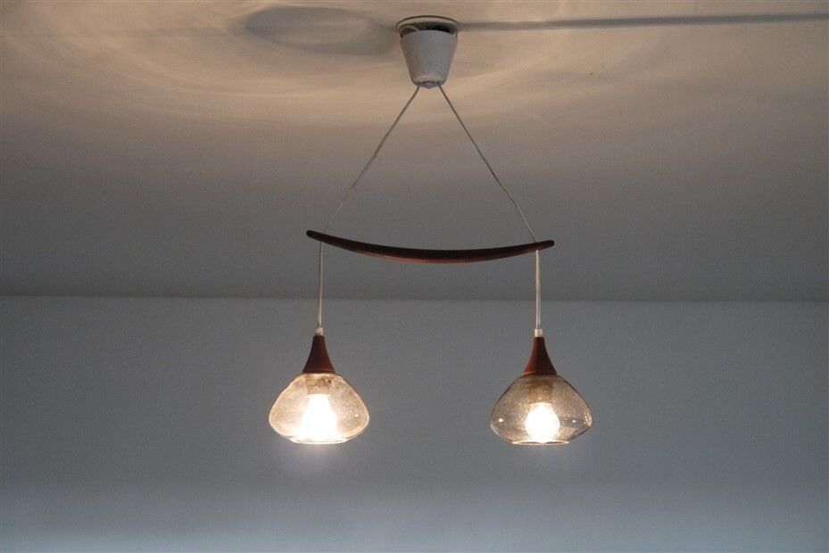 Scandinavian boomerang chandelier in teak and glass