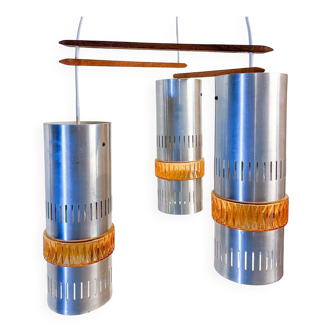 Set of 3 metal and glass pendant lights, circa 70, Sweden