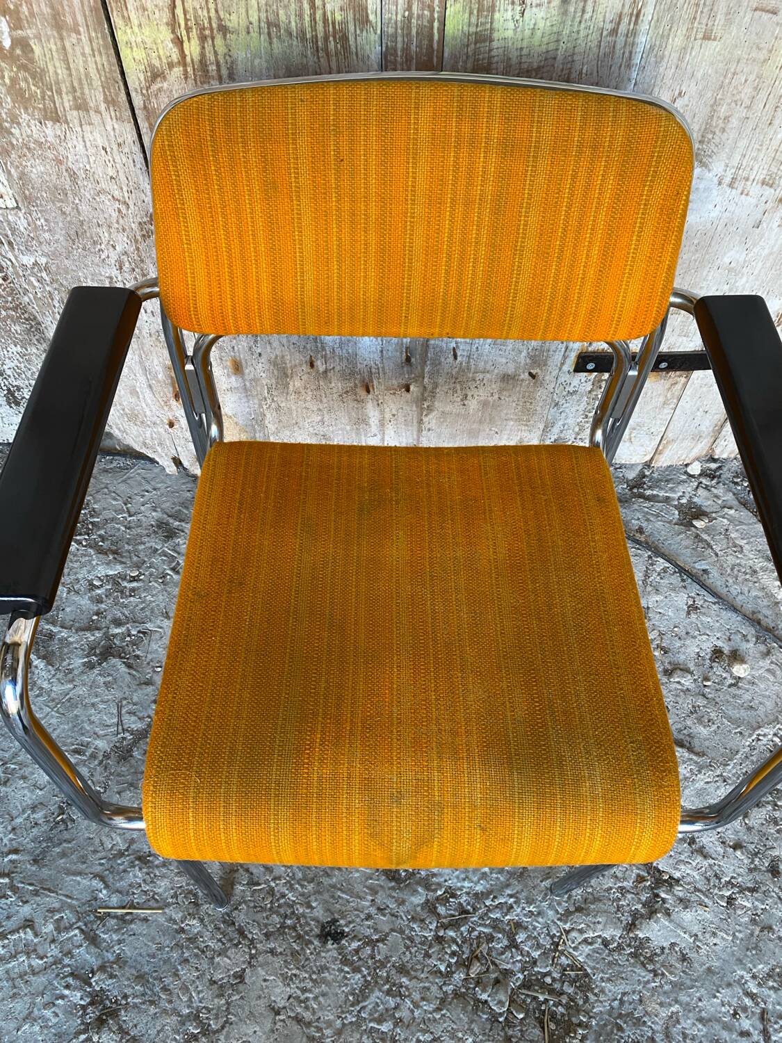 Pair of Vintage 1970s Chrome Metal Armchairs with Orange Fabric and Wood