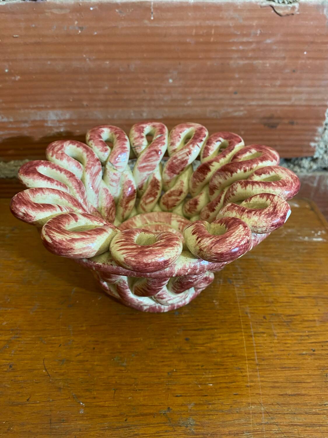 Antique White & Pink Openwork Braided Ceramic Barbotine Cup Vintage