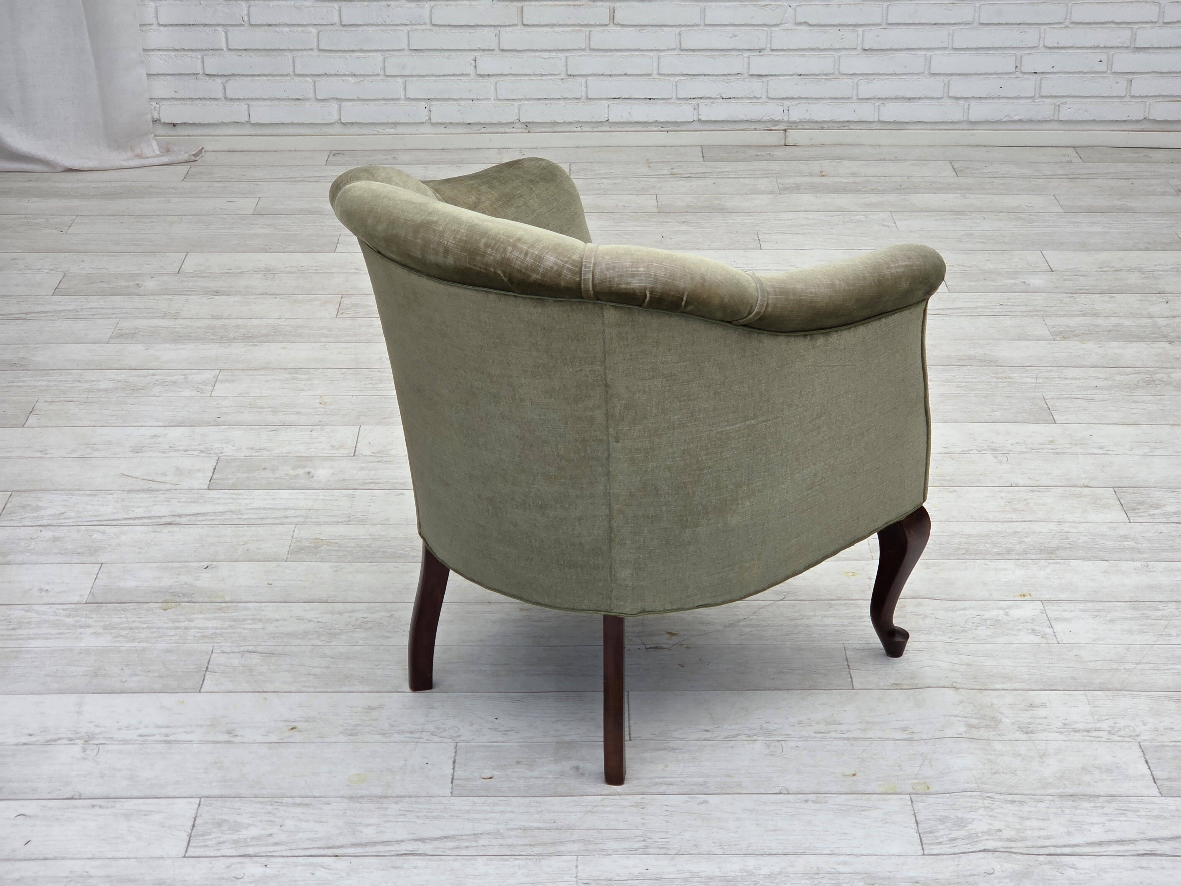 1960s, Danish armchair, green furniture velour, beech wood legs.