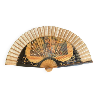 Antique Fan Carved Wood + Vintage Polychrome Print Decor #D6