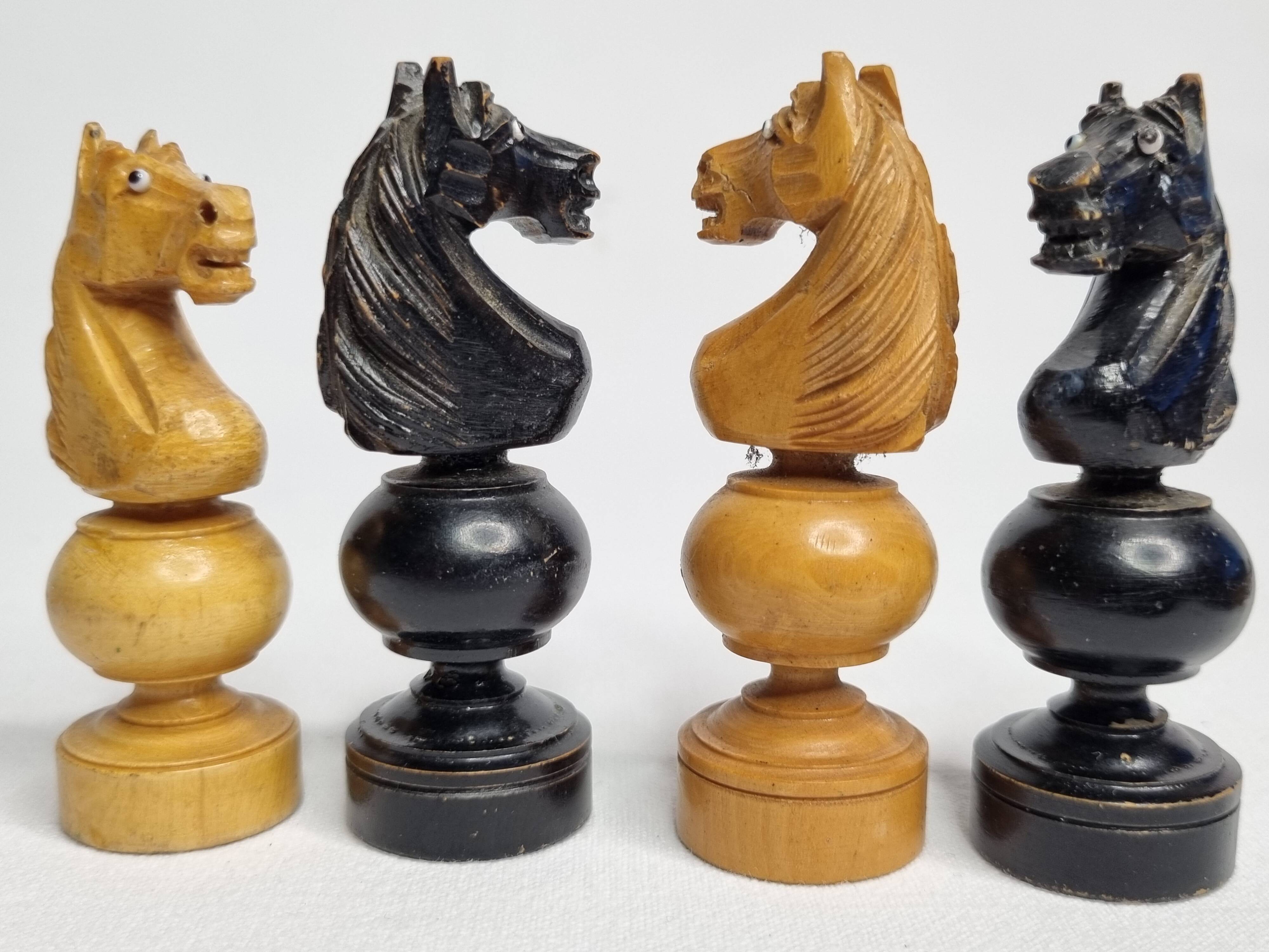 Vintage Hand Carved Wooden Chess Set, 1930s, King Height 8cm