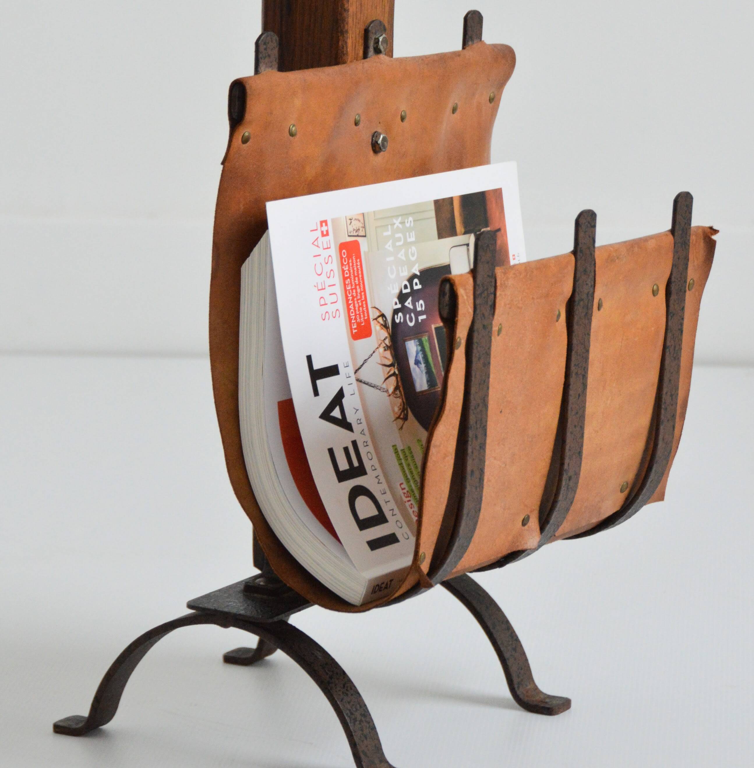 Vintage leather magazine rack with shelf and brutalist/rustic ashtray.